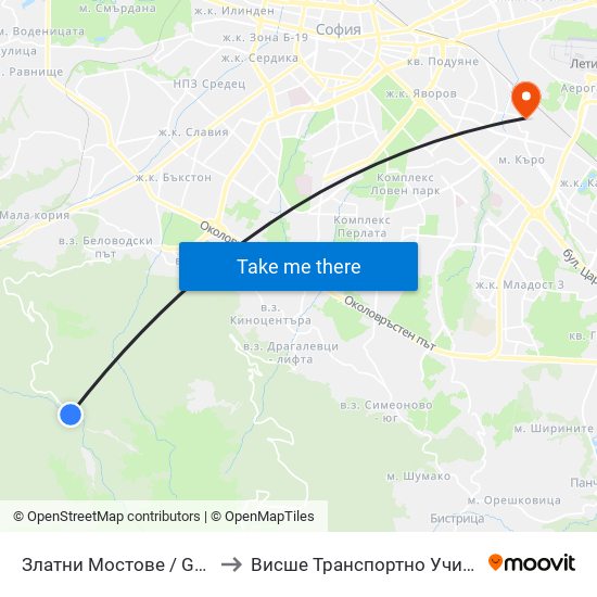Златните Мостове / the Golden Bridges (6567) to Висше Транспортно Училище Тодор Каблешков map