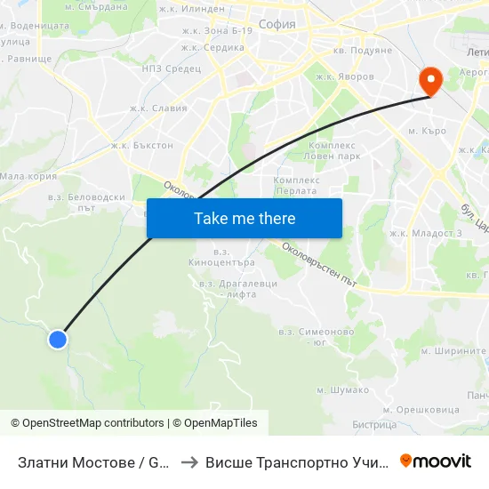 Златните Мостове / the Golden Bridges (6567) to Висше Транспортно Училище Тодор Каблешков map