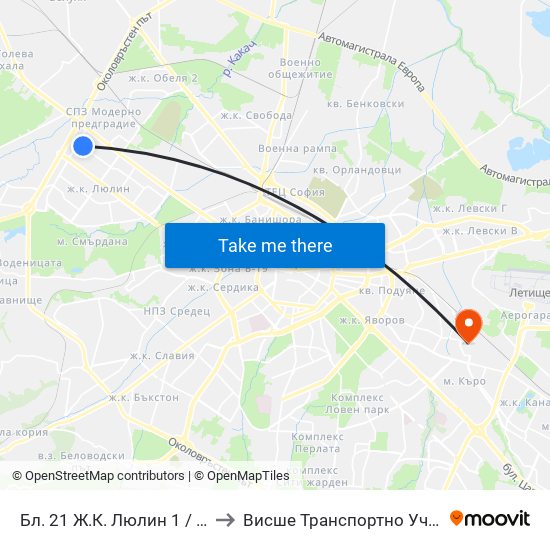 Бл. 21 Ж.К. Люлин 1 / Bl. 21, Lyulin 1 Qr. (1163) to Висше Транспортно Училище Тодор Каблешков map
