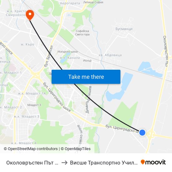 Околовръстен Път / Ring Road (1184) to Висше Транспортно Училище Тодор Каблешков map