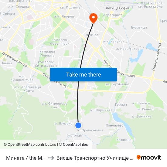 Мината / the Mine (1068) to Висше Транспортно Училище Тодор Каблешков map