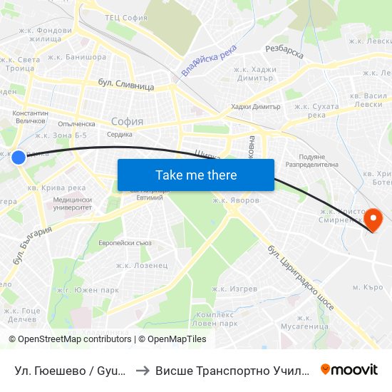 Ул. Гюешево / Gyueshevo St. (1156) to Висше Транспортно Училище Тодор Каблешков map