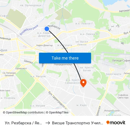Ул. Резбарска / Rezbarska St. (2155) to Висше Транспортно Училище Тодор Каблешков map