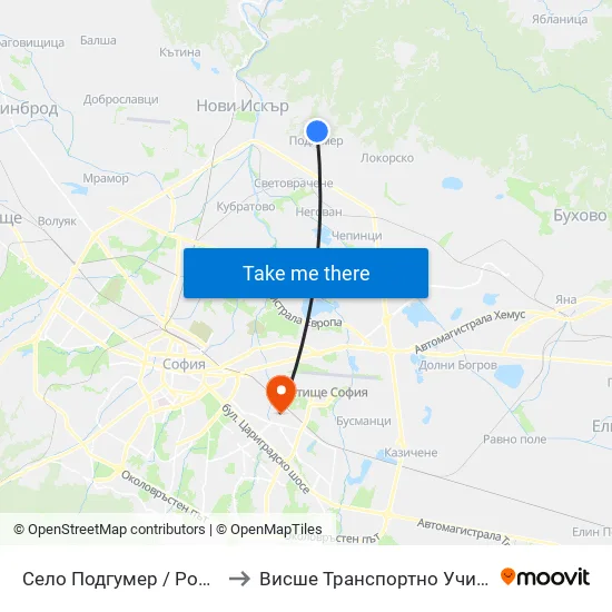 Село Подгумер / Podgumer Village (2188) to Висше Транспортно Училище Тодор Каблешков map