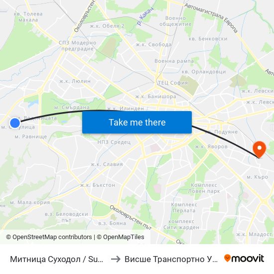 Митница Суходол / Suhodol Custom-House (1070) to Висше Транспортно Училище Тодор Каблешков map