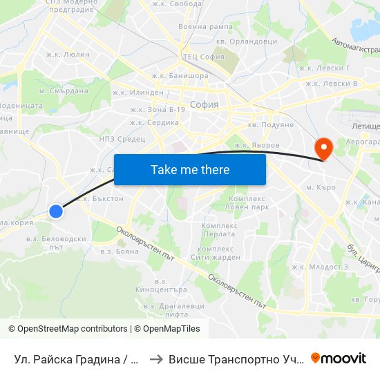 Ул. Райска Градина / Rayska Gradina St. (2261) to Висше Транспортно Училище Тодор Каблешков map