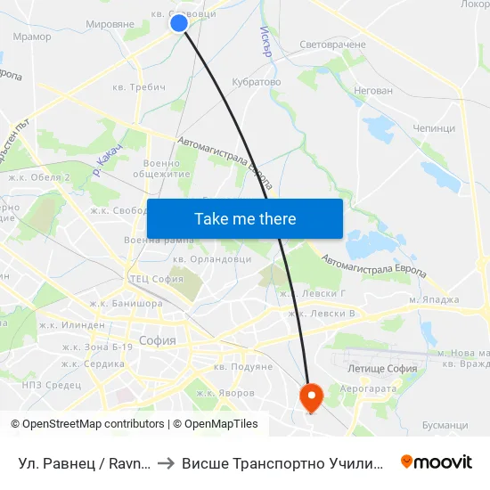 Ул. Равнец / Ravnets St. (2150) to Висше Транспортно Училище Тодор Каблешков map