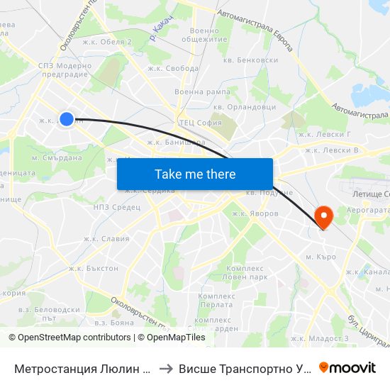 Ⓜ️ Метростанция Люлин / Lyulin Metro Station (1057) to Висше Транспортно Училище Тодор Каблешков map