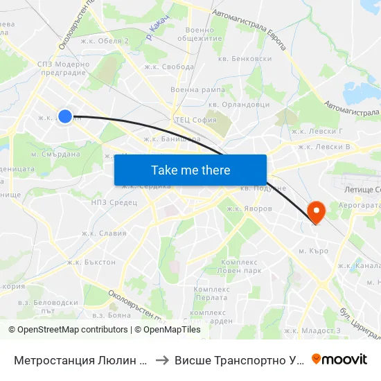 Ⓜ️ Метростанция Люлин / Lyulin Metro Station (1057) to Висше Транспортно Училище Тодор Каблешков map