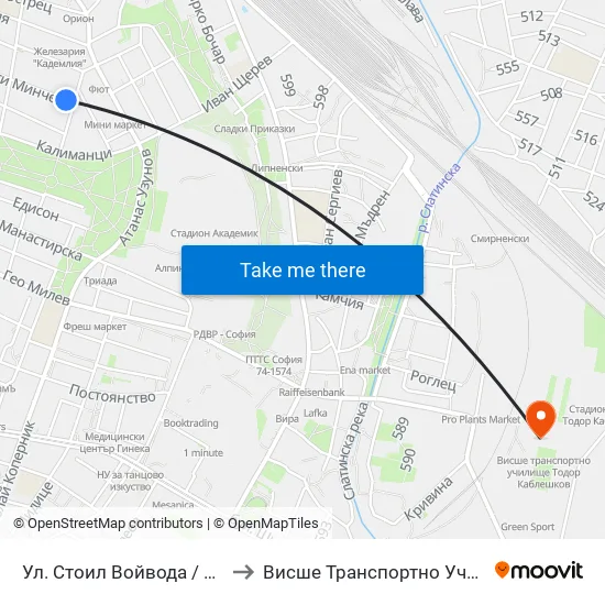 Ул. Стоил Войвода / Stoil Voyvoda St. (2189) to Висше Транспортно Училище Тодор Каблешков map