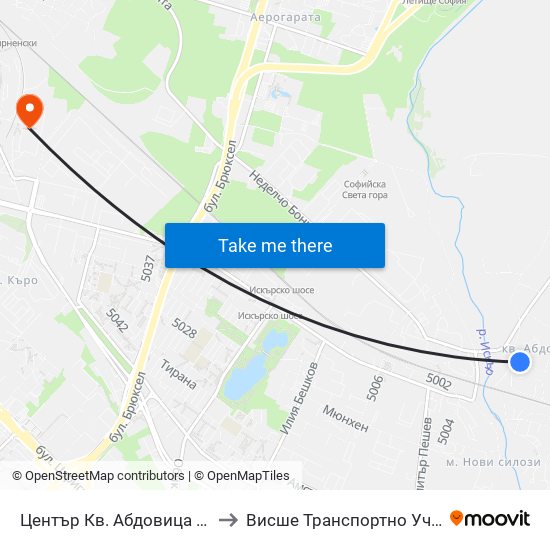 Център Кв. Абдовица / Abdovitsa Centre (2339) to Висше Транспортно Училище Тодор Каблешков map