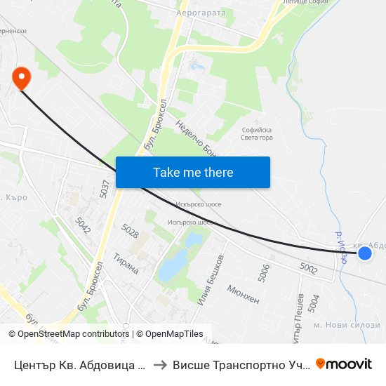 Център Кв. Абдовица / Abdovitsa Centre (2339) to Висше Транспортно Училище Тодор Каблешков map