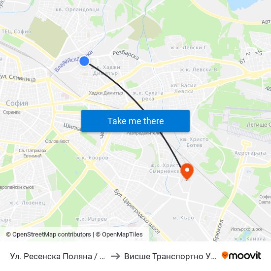 Ул. Ресенска Поляна / Resenska Polyana St. (2157) to Висше Транспортно Училище Тодор Каблешков map