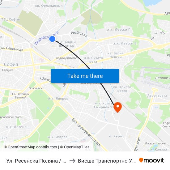 Ул. Ресенска Поляна / Resenska Polyana St. (2156) to Висше Транспортно Училище Тодор Каблешков map