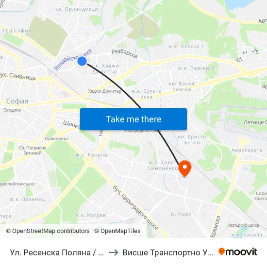 Ул. Ресенска Поляна / Resenska Polyana St. (2156) to Висше Транспортно Училище Тодор Каблешков map