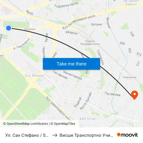 Ул. Сан Стефано / San Stefano St. (2168) to Висше Транспортно Училище Тодор Каблешков map