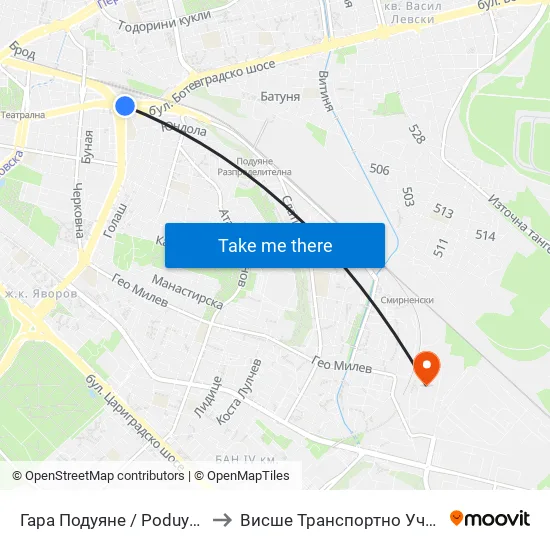 Гара Подуяне / Poduyane Train Station (0472) to Висше Транспортно Училище Тодор Каблешков map