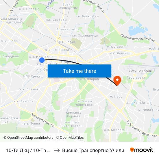 10-Ти Дкц / 10-Th Polyclinic (1165) to Висше Транспортно Училище Тодор Каблешков map