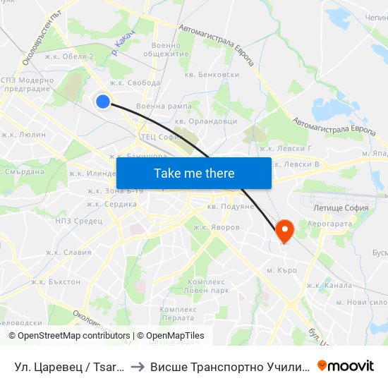 Ул. Царевец / Tsarevets St. (6217) to Висше Транспортно Училище Тодор Каблешков map