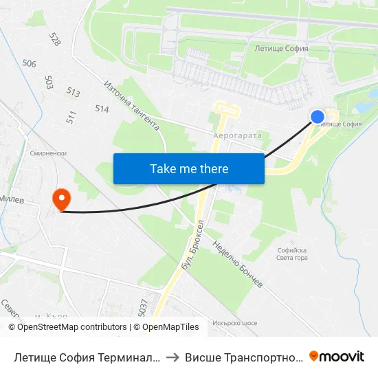 ✈️ Летище София Терминал 2 / Sofia Airport Terminal 2 (2455) ✈ to Висше Транспортно Училище Тодор Каблешков map