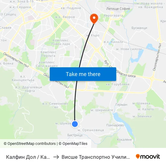 Калфин Дол / Kalfin Dol (2269) to Висше Транспортно Училище Тодор Каблешков map