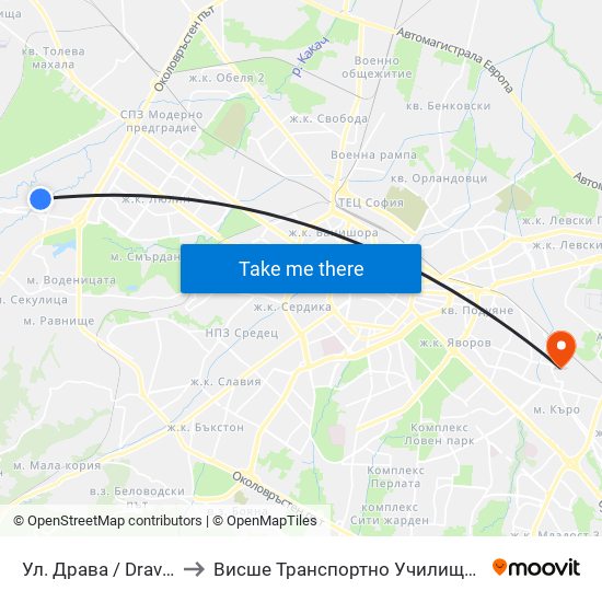 Ул. Драва / Drava St. (1938) to Висше Транспортно Училище Тодор Каблешков map