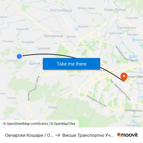 Овчарски Кошари / Ovcharski Koshari (1167) to Висше Транспортно Училище Тодор Каблешков map