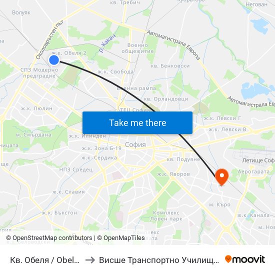 Кв. Обеля / Obelya Qr. (0874) to Висше Транспортно Училище Тодор Каблешков map