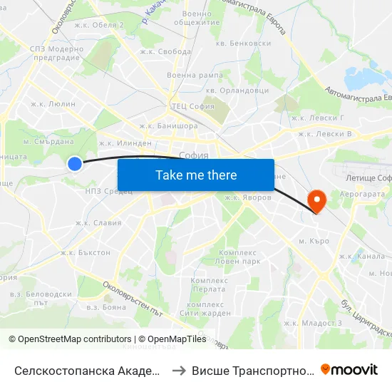 Селскостопанска Академия / Academy Of Agriculture (2290) to Висше Транспортно Училище Тодор Каблешков map