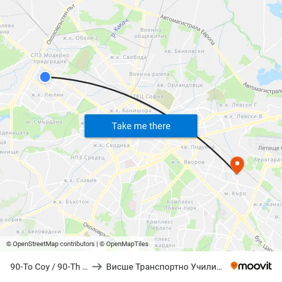 90-То Соу / 90-Th School (2272) to Висше Транспортно Училище Тодор Каблешков map