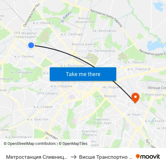 Ⓜ️ Метростанция Сливница / Slivnitsa Metro Station (1062) to Висше Транспортно Училище Тодор Каблешков map