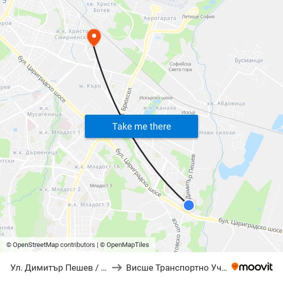 Ул. Димитър Пешев / Dimitar Peshev St. (1929) to Висше Транспортно Училище Тодор Каблешков map