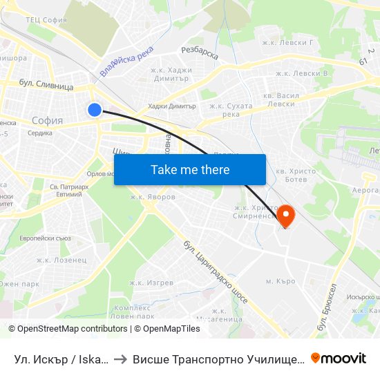 Ул. Искър / Iskar St. (1964) to Висше Транспортно Училище Тодор Каблешков map