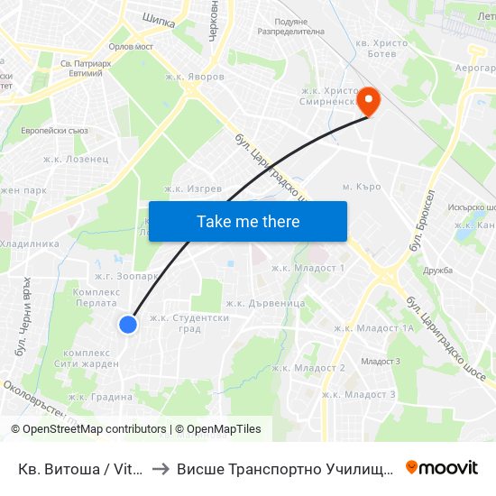 Кв. Витоша / Vitosha (0822) to Висше Транспортно Училище Тодор Каблешков map