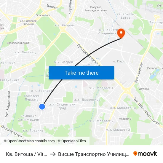 Кв. Витоша / Vitosha (0822) to Висше Транспортно Училище Тодор Каблешков map