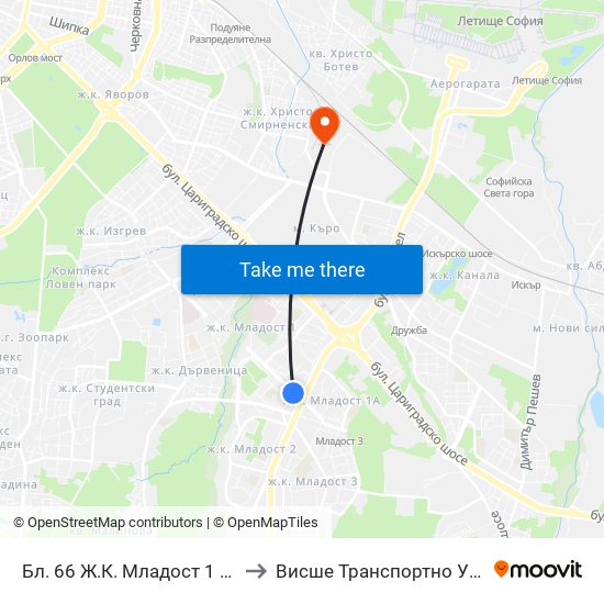 Бл. 66 Ж.К. Младост 1 / Bl. 66, Mladost 1 Qr (0245) to Висше Транспортно Училище Тодор Каблешков map