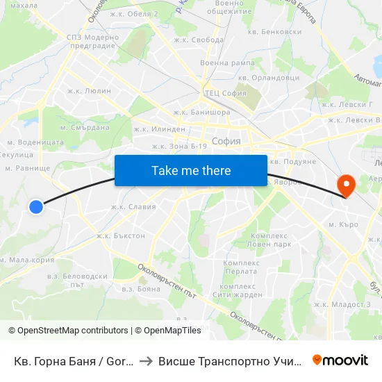 Кв. Горна Баня / Gorna Banya Qr. (2709) to Висше Транспортно Училище Тодор Каблешков map