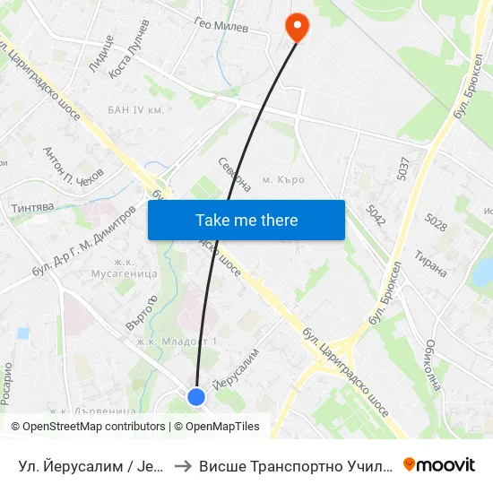 Ⓜ️ Ул. Йерусалим / Jerusalem St. (2471) to Висше Транспортно Училище Тодор Каблешков map
