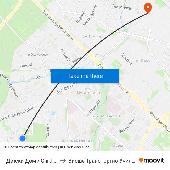 Детски Дом / Children's Home (0524) to Висше Транспортно Училище Тодор Каблешков map
