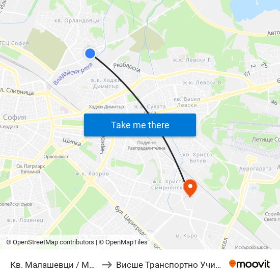 Кв. Малашевци / Malashevtsi Qr. (0863) to Висше Транспортно Училище Тодор Каблешков map