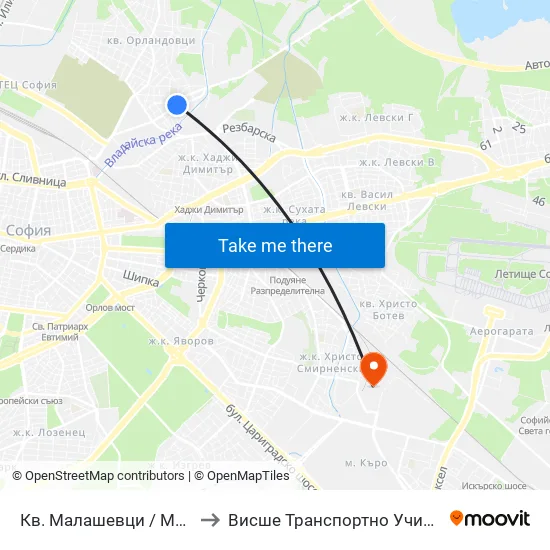 Кв. Малашевци / Malashevtsi Qr. (0863) to Висше Транспортно Училище Тодор Каблешков map