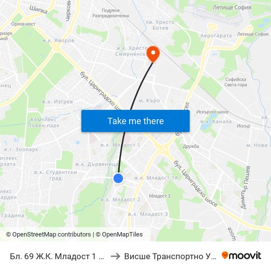 Бл. 69 Ж.К. Младост 1 / Bl. 69, Mladost 1 Qr. (0247) to Висше Транспортно Училище Тодор Каблешков map