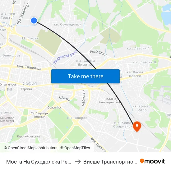 Моста На Суходолска Река / Suhodolska River Bridge (1505) to Висше Транспортно Училище Тодор Каблешков map