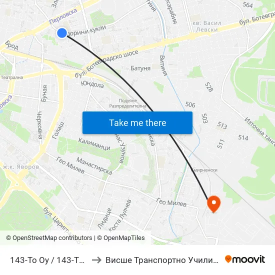 143-То Оу / 143-Th School (2396) to Висше Транспортно Училище Тодор Каблешков map