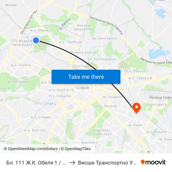 Бл. 111 Ж.К. Обеля 1 / Bl. 111, Obelya 1 Qr. (0132) to Висше Транспортно Училище Тодор Каблешков map