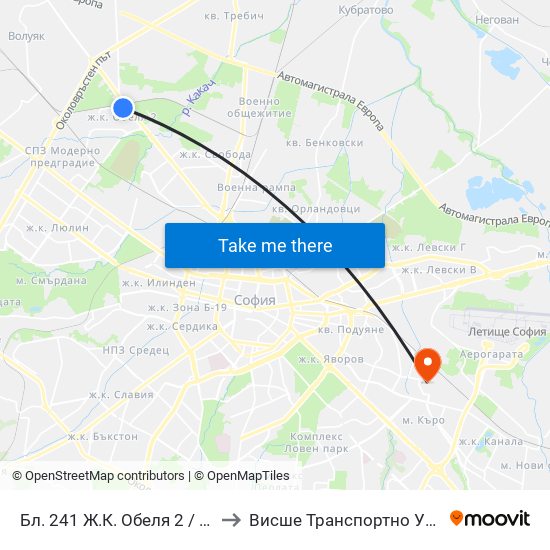 Бл. 241 Ж.К. Обеля 2 / Bl. 241, Obelya 2 Qr. (0172) to Висше Транспортно Училище Тодор Каблешков map