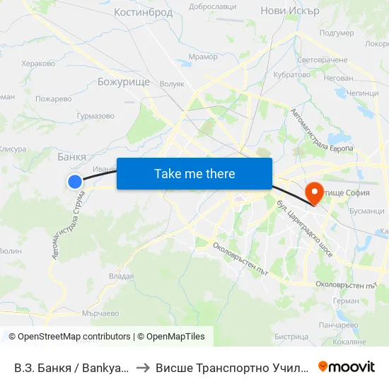 В.З. Банкя / Bankya Villa Zone (0431) to Висше Транспортно Училище Тодор Каблешков map