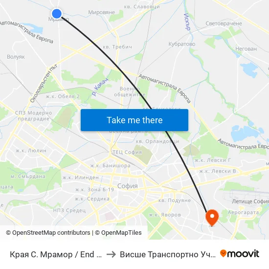 Края С. Мрамор / End Of Mramor Village (0438) to Висше Транспортно Училище Тодор Каблешков map