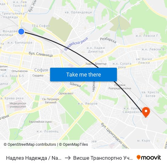 Надлез Надежда / Nadezhda Overpass (1113) to Висше Транспортно Училище Тодор Каблешков map