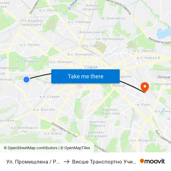 Ул. Промишлена / Promishlena St. (2140) to Висше Транспортно Училище Тодор Каблешков map